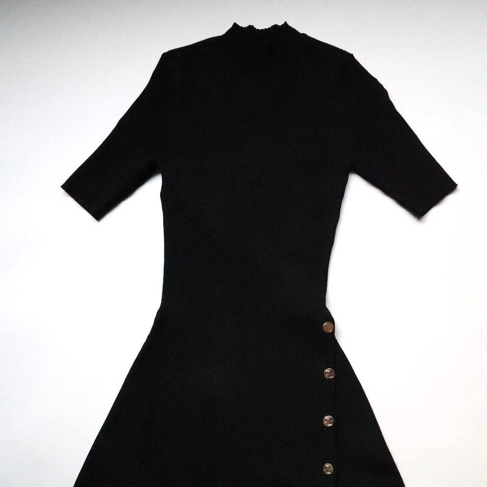 Maje Black Sweater Skater Dress with Gold Buttons - Size XS